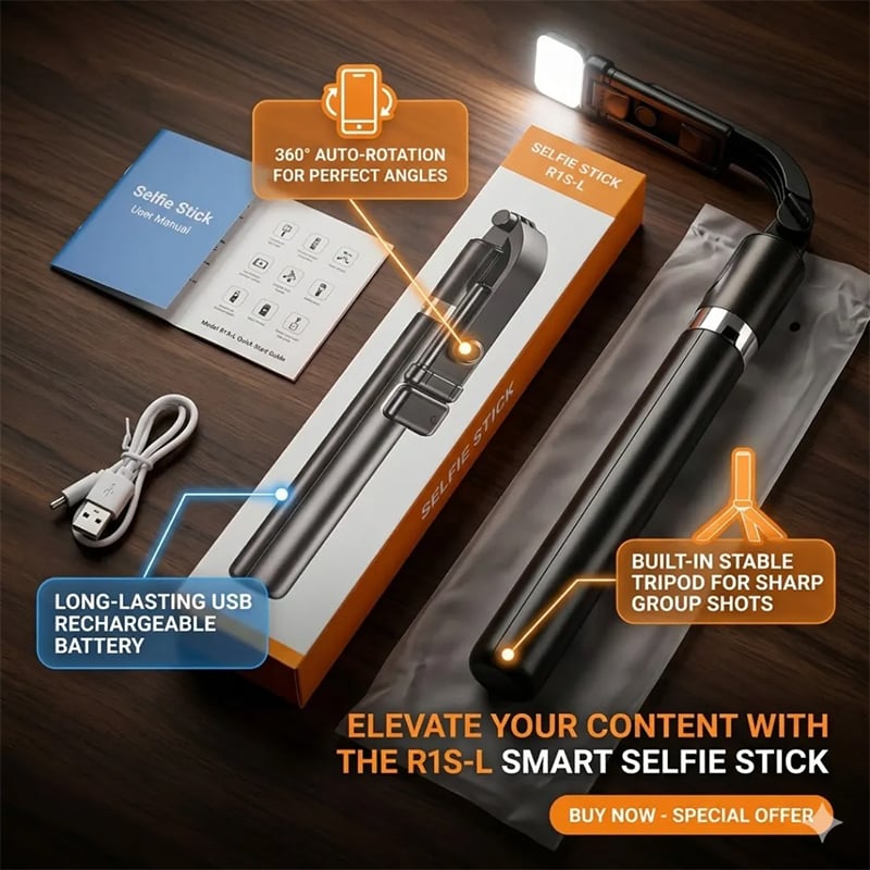 Picture of R1SL Premium Selfie Stick Tripod, 180 cm Extendable, 3 Step LED Light with 360° Rotation, Wireless Remote, Rechargeable - Black
