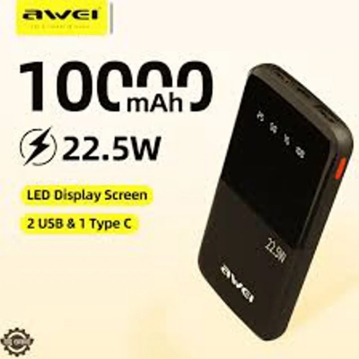 Picture of AWEI P10K 10000mAh 22.5W Fast Charging 2 USB & 1 TYPE-C Output Ports LED Digital Display Power Bank - Black
