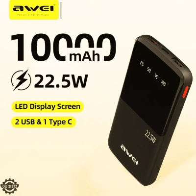 Picture of AWEI P10K 10000mAh 22.5W Fast Charging 2 USB & 1 TYPE-C Output Ports LED Digital Display Power Bank - Black