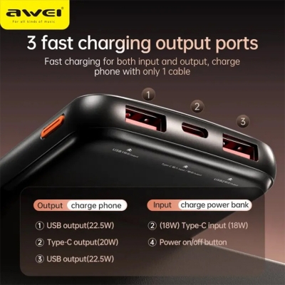 Picture of AWEI P10K 10000mAh 22.5W Fast Charging 2 USB & 1 TYPE-C Output Ports LED Digital Display Power Bank - Black