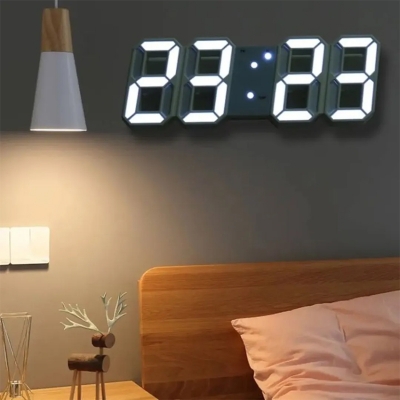 Picture of 3D Digital Wall Clock LED Table Clock Time Alarm Temperature Date Sound Control Night Light With Button Control Clock ( Only White Color) - White