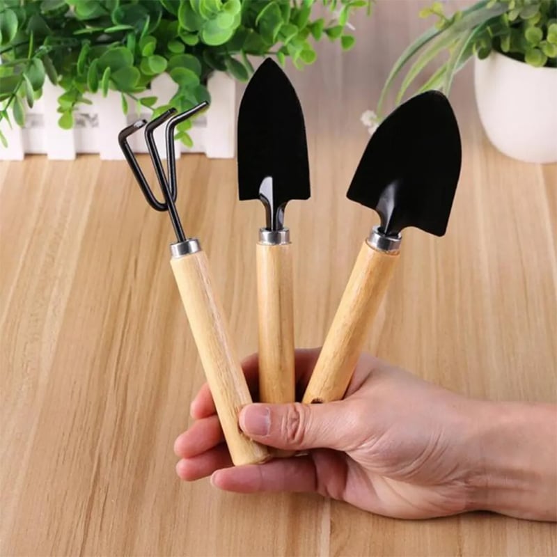 Picture of 3-Piece Mini Garden Tool Set – Shovel, Rake, Spade with Wooden Handles for Plants & Weeding - Black