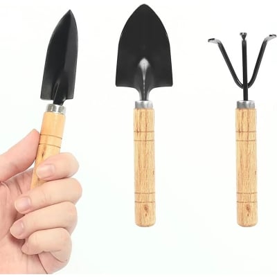 Picture of 3-Piece Mini Garden Tool Set – Shovel, Rake, Spade with Wooden Handles for Plants & Weeding - Black