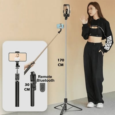 Picture of R1L Wireless Remote selfie stick with tripod stand extendable upto 170 cm Bluetooth Selfie Stick (Black, Remote Included) - Black