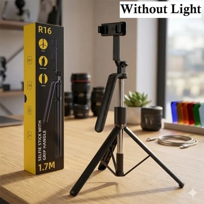 Picture of R16 selfie stick with tripod without Light, 1.7m 6-section retractable aluminum alloy pole for vlogging, photo shoots and virtual meetings. - Black