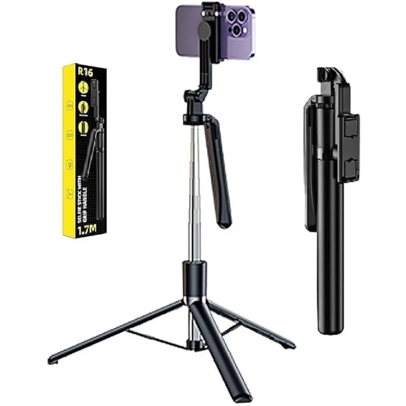 Picture of R16 selfie stick with tripod without Light, 1.7m 6-section retractable aluminum alloy pole for vlogging, photo shoots and virtual meetings. - Black