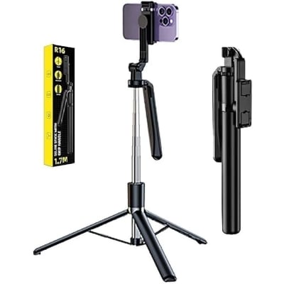 Picture of R16 selfie stick with tripod without Light, 1.7m 6-section retractable aluminum alloy pole for vlogging, photo shoots and virtual meetings. - Black