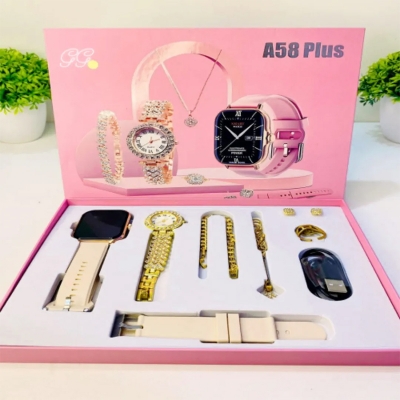 Picture of A58 Plus Smart Watch and Jewellery Gift Set for Valentine's Day Gift, Anniversary Birthday Gift. Smart Watch, Analog Watch, Necklace, Earrings, Bracelet and Ring Combo Gift Set for Girls -  Multicolor