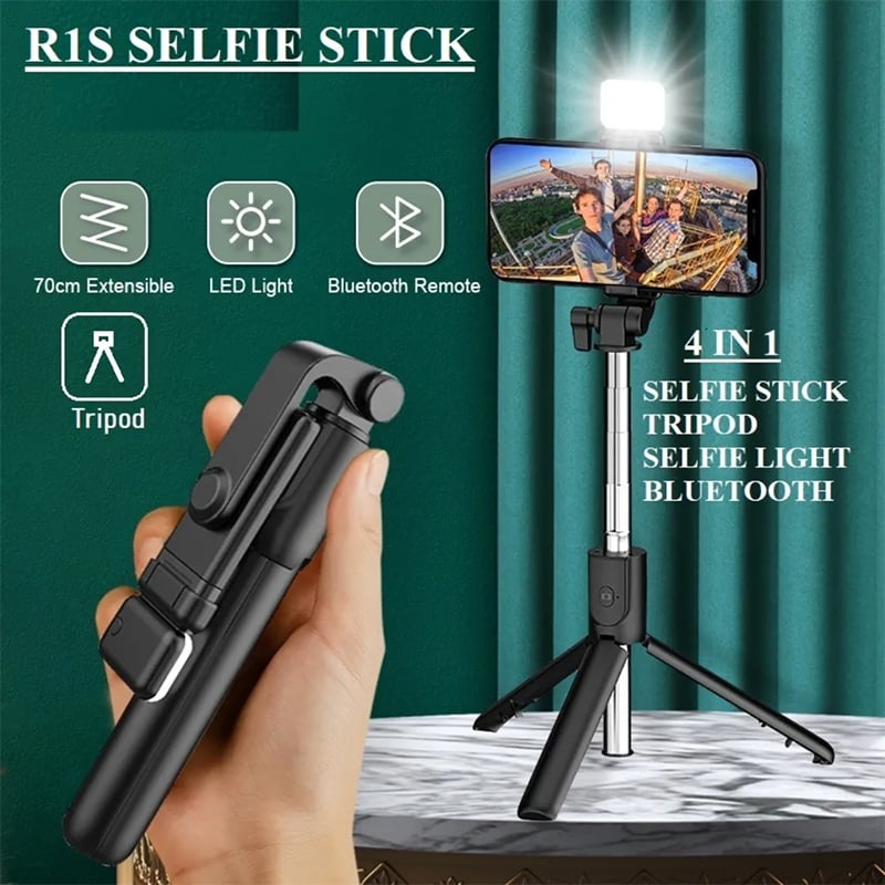 Picture of R1s Adjustable 4 in 1 Multifunctional Selfie Stick & Tripod with Selfie Light & Wireless Bluetooth Remote Control - Black