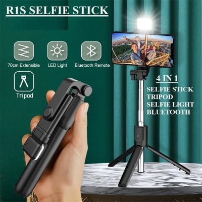 Picture of R1s Adjustable 4 in 1 Multifunctional Selfie Stick & Tripod with Selfie Light & Wireless Bluetooth Remote Control - Black