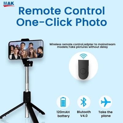 Picture of R1s Adjustable 4 in 1 Multifunctional Selfie Stick & Tripod with Selfie Light & Wireless Bluetooth Remote Control - Black