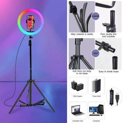Picture of 10 inch RGB LED Soft Ring Light with Tripod Stand for Photography Makeup YouTube Video Shooting Selfie  By PUCKO GADGETS - Multicolor