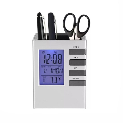 Picture of Pen Holder with Digital Watch - Silver-Grey