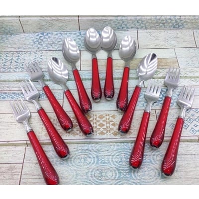 Picture of Spoon Set/ Cutlery Set/ HIGH QUALITY Stainless Steel Spoon Set 12-Pieces (Tea Spoon 6-Pieces & Fork Spoon 6-Pieces)-Red