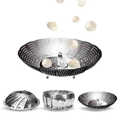 Picture of Stainless Steel Steamers Foldable Pasta Pot 3 in 1 Steaming Plate Food Fruit Trays Vegetable Rack Drains Dish Cooking Tool-Silver