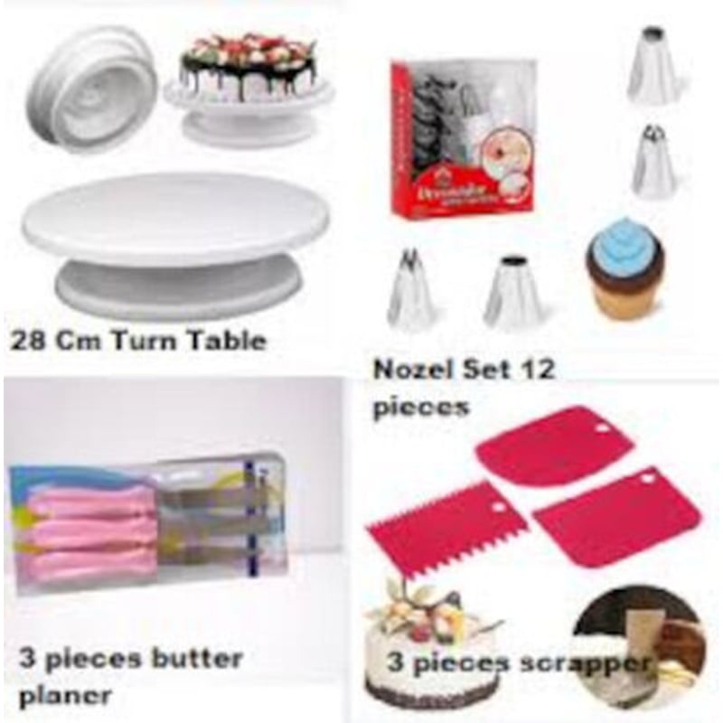 Picture of Baking Combo Set-CAke Turn Table 28 cm + 8 pcs Nozzle with Paiping Bag+ 3Pcs baking k.nife with handle + 3Pcs scraper set-Multicolor