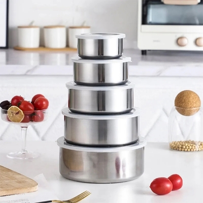 Picture of Stainless Steel Food Box 5 Pieces With Food Grade Plastic Cover - Tiffin Box For Office-Silver