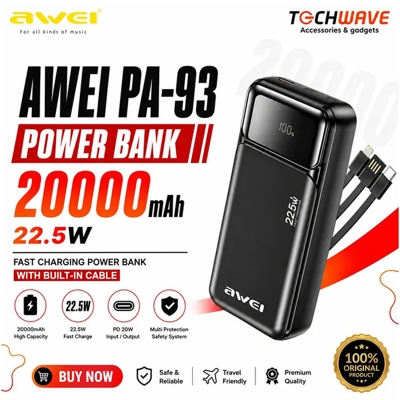 Picture of Awei PA93 20000mAh 22.5W Fast Charging Power Bank with Built‑in Dual Cables