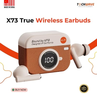 Picture of X73 Retro Camera Leather Grain Design Wireless Earbuds Semi-In-Ear Earphones With Screen Digital Display and Gaming Low Latency