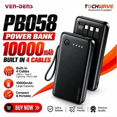 Picture of VEN-DENS 4 in 1 POWERBANK 10000MAH WITH CABLE BLACK VD-PB058