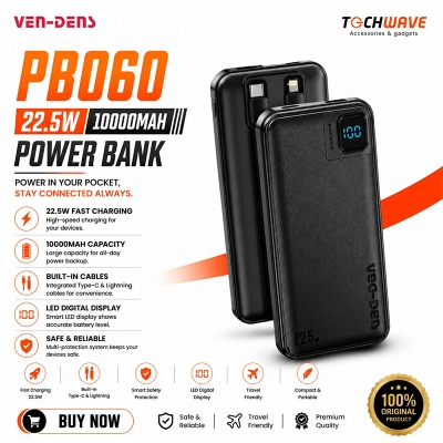 Picture of VEN-DENS PB060 10000mAh 22.5W Fast Charging Power Bank with Digital Display & Built-in Type-C + Lightning Cables