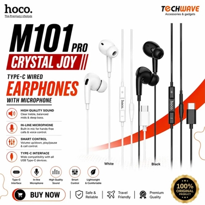 Picture of Hoco M101 Pro - Crystal Sound Wire-Controlled Digital Earphones With Microphone, Plug: Type-C, Cable Length: 1.2m, Compatible With Huawei Xiaomi OnePlus iPad Pro/iPad Air With Type-C - Black, Wired