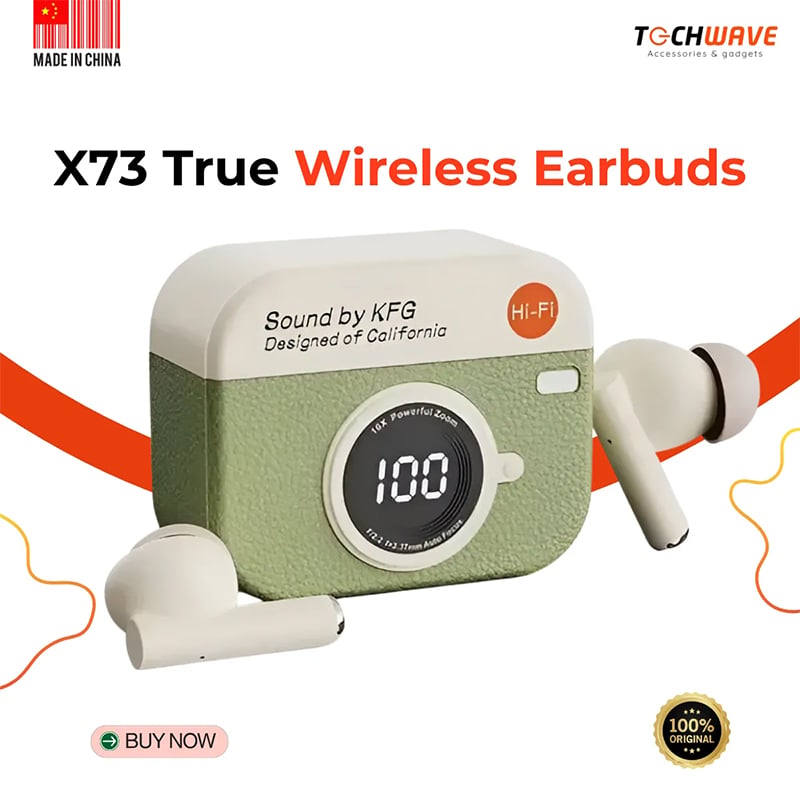 Picture of X73 Retro Camera Leather Grain Design Wireless Earbuds Semi-In-Ear Earphones With Screen Digital Display and Gaming Low Latency