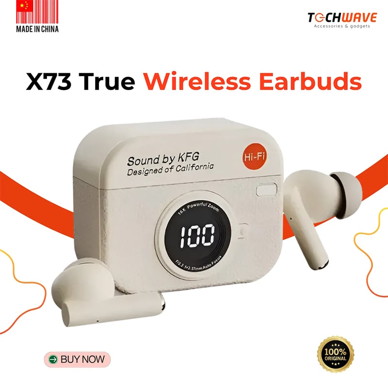 Picture of X73 Retro Camera Leather Grain Design Wireless Earbuds Semi-In-Ear Earphones With Screen Digital Display and Gaming Low Latency
