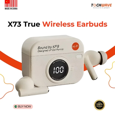 Picture of X73 Retro Camera Leather Grain Design Wireless Earbuds Semi-In-Ear Earphones With Screen Digital Display and Gaming Low Latency