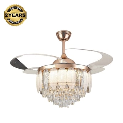 Picture of Qulik 48" Crystal Chandelier Retractable Invisible Blade Silent 3 Color Change LED Remote Ceiling Fan (Golden) | Q-T8255-BK-WH  | Free Delivery-Golden
