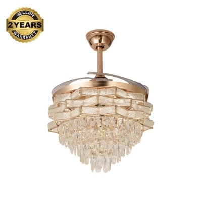 Picture of Qulik 48" Crystal Chandelier Retractable Invisible Blade Silent 3 Color Change LED Remote Ceiling Fan (Golden) | Q-T8255-BK-WH | Free Delivery-Golden