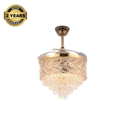 Picture of Qulik 48" Crystal Chandelier Retractable Invisible Blade Silent 3 Color Change LED Remote Ceiling Fan (Golden) | Q-K6351-Golden