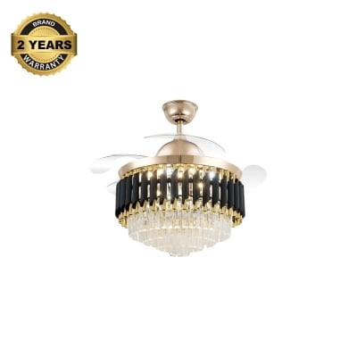 Picture of Qulik 48" Crystal Chandelier Retractable Invisible Blade Silent 3 Color Change LED Remote Ceiling Fan (Golden) | Q-T7456-Golden