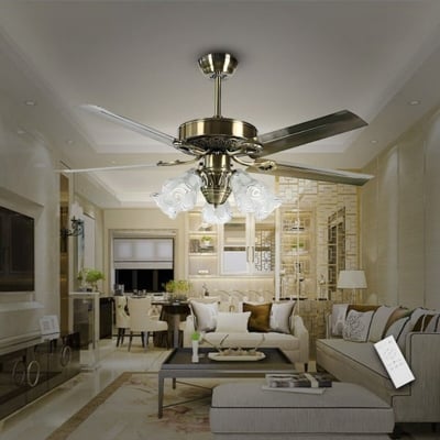 Picture of Qulik Luxoria UL 52" -Glass Flower Lampshade Copper Motor Remote Control Under-Light Ceiling Fan Fan| Q-8118-AB | Free Delivery