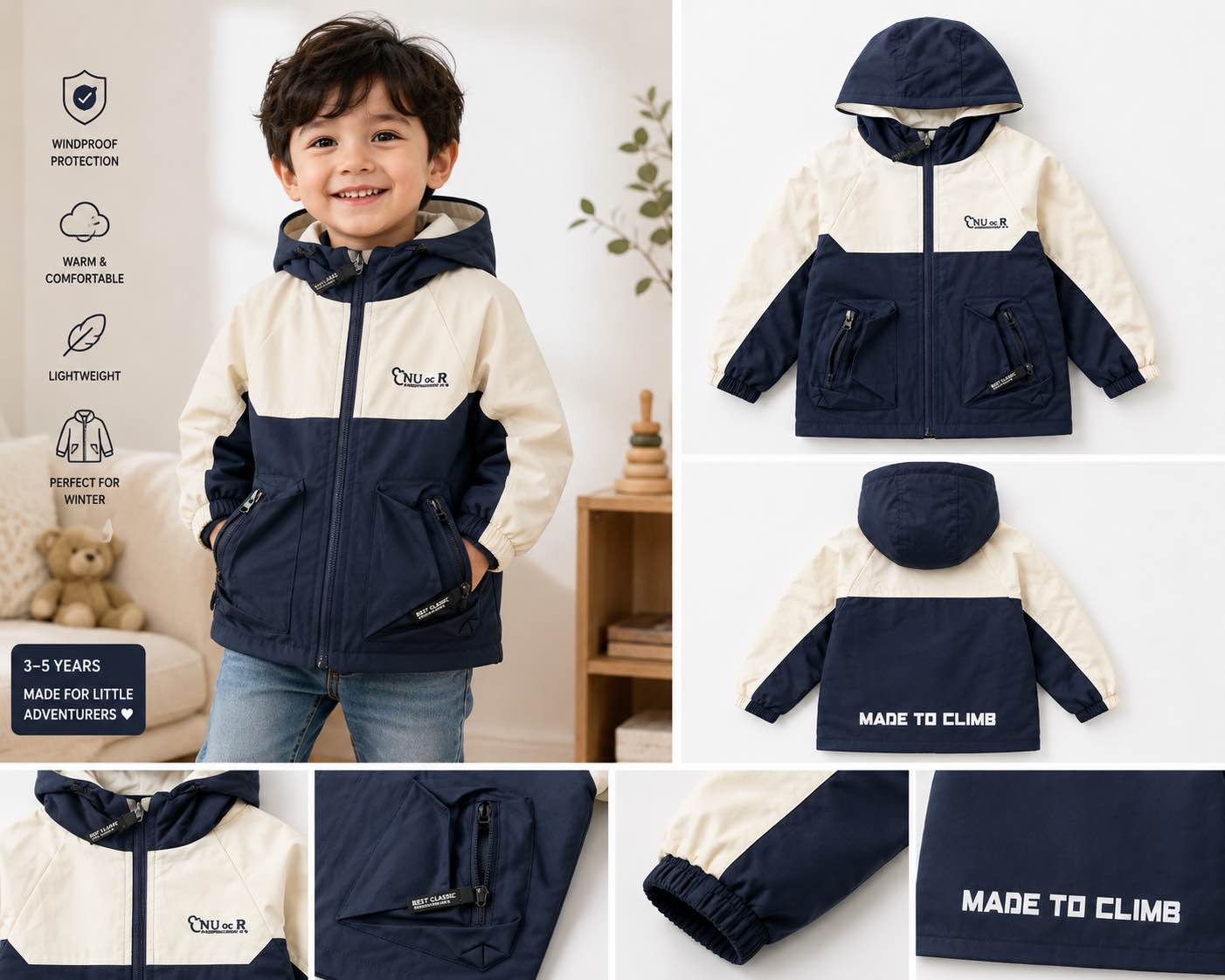 Picture of Kids Winter Hooded Jacket – Navy & Cream | 2-6 Years-Blue