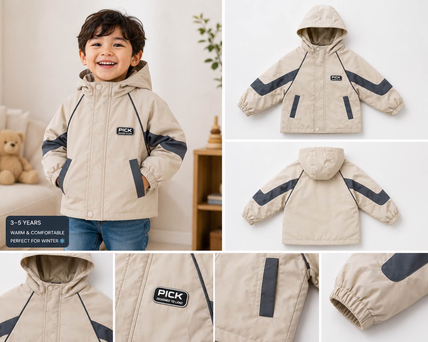 Picture of Kids Winter Hooded Jacket – Beige & Charcoal | 2–6 Years-Beige