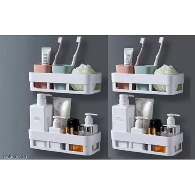 Picture of Bathroom Shelves Plastic Wall Mounted Kitchen and Bathroom Shelf Toothbrush Holder Multicolor Corner-White