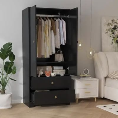 Picture of Furni Zone Wardrobe Modern MDF Bedroom Armoire With 2 Drawers & 2 Doors And Adjustable Shelves Clothing Storage Cabinet With Aluminum Hanging Rod,Locker