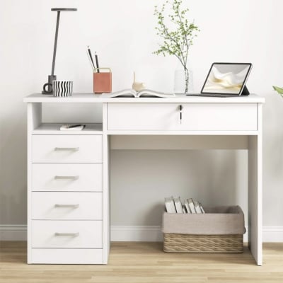 Picture of Furni Zone Computer Desk 5 Drawers Lockable Drawer White MDF Eco-Friendly Home Office Storage Shelf Study Table Bedroom