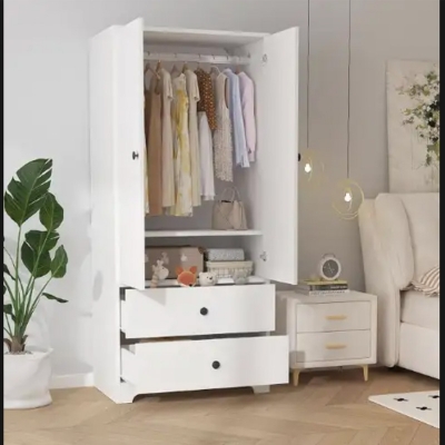 Picture of Furni Zone Wardrobe Modern MDF Bedroom Armoire With 2 Drawers & 2 Doors And Adjustable Shelves Clothing Storage Cabinet With Aluminum Hanging Rod,Locker