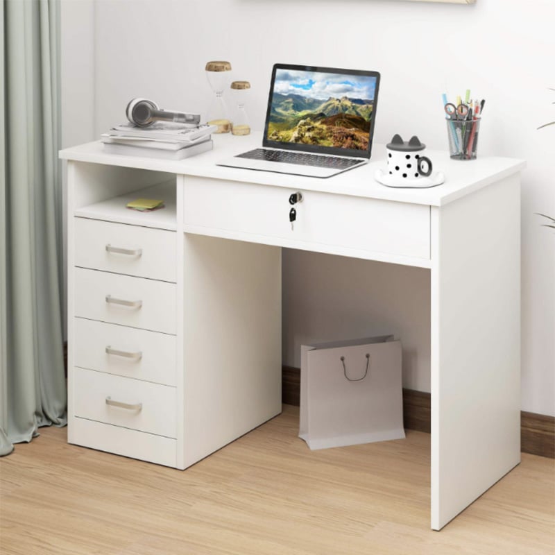 Picture of Furni Zone Computer Desk 5 Drawers Lockable Drawer White MDF Eco-Friendly Home Office Storage Shelf Study Table Bedroom