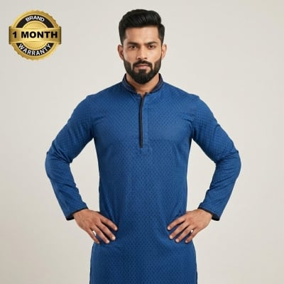 Picture of Cyan and black panjabi for men new collection 2024 stylist | cotton panjabi for men new collection 2024 | Printed casual panjabi collection low price