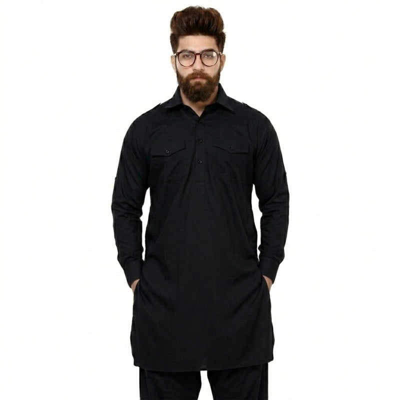 Picture of Kabli panjabi full set for men new collection 2024 | Black kabli panjabi set for men | Kabli panjabi for men black