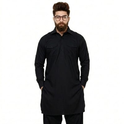 Picture of Kabli panjabi full set for men new collection 2024 | Black kabli panjabi set for men | Kabli panjabi for men black