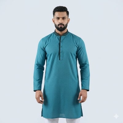 Picture of Cyan and black panjabi for men new collection 2024 stylist | cotton panjabi for men new collection 2024 | Printed casual panjabi collection low price