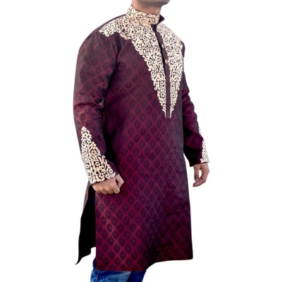 Picture of Indian katan panjabi for men new collection 2024 stylish | Indian wedding panjabi for men maroon color - Party dress for men