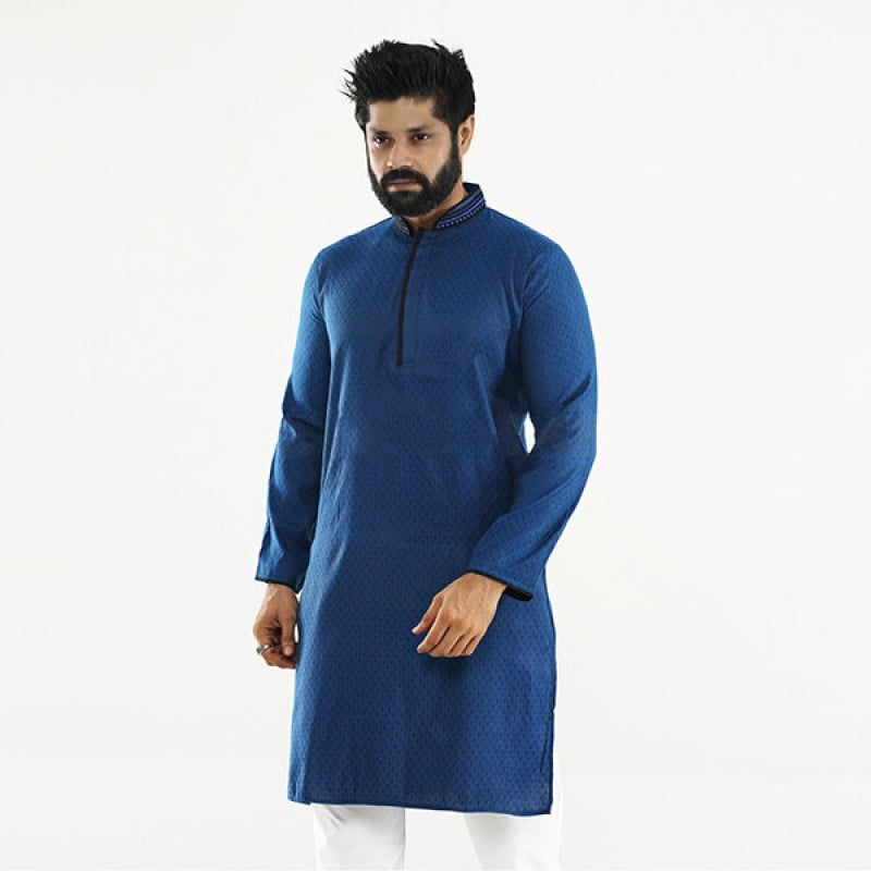 Picture of Cyan and black panjabi for men new collection 2024 stylist | cotton panjabi for men new collection 2024 | Printed casual panjabi collection low price