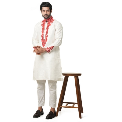 Picture of Red and white panjabi for men new collection 2024 eid | Indian katan panjabi for men