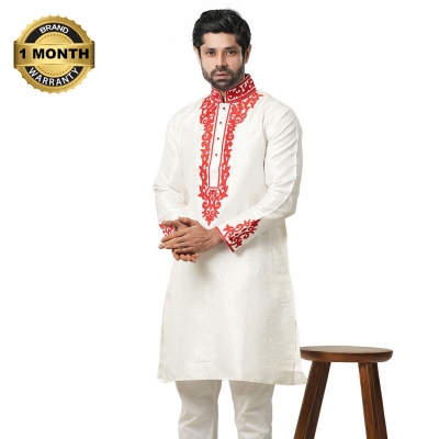 Picture of Red and white panjabi for men new collection 2024 eid | Indian katan panjabi for men