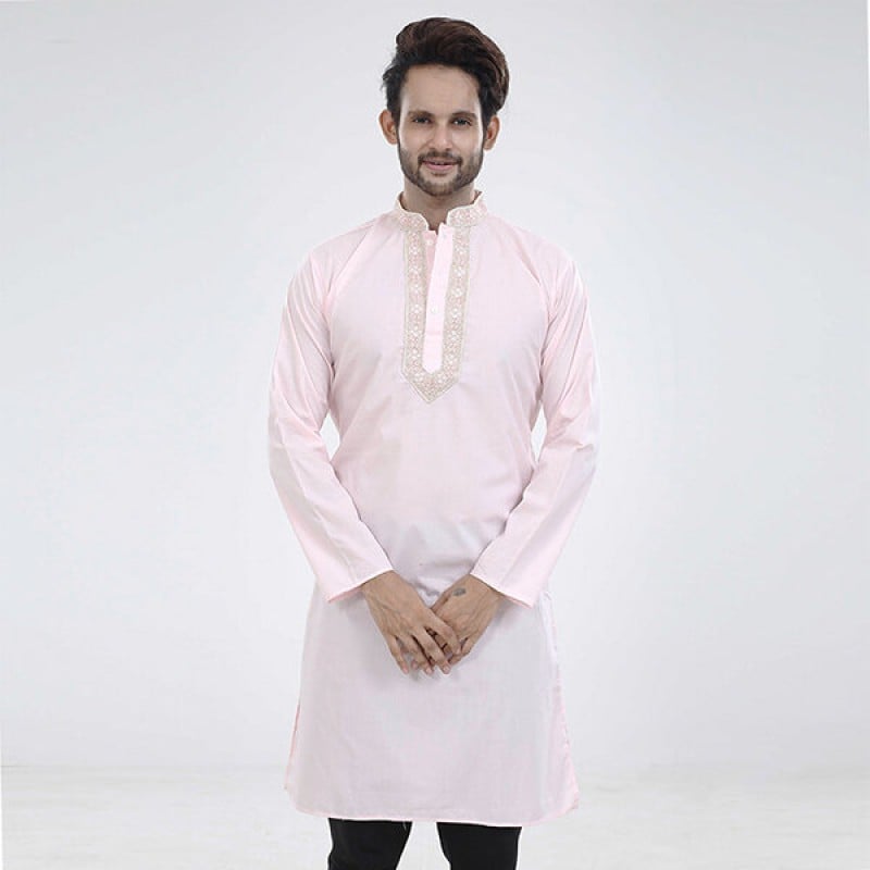 Picture of Pink panjabi for men new collection 2024 stylist | Cotton panjabi for men new collection 2024 | Panjabi for men pink | Low price panjabi for men low price | Printed casual panjabi collection